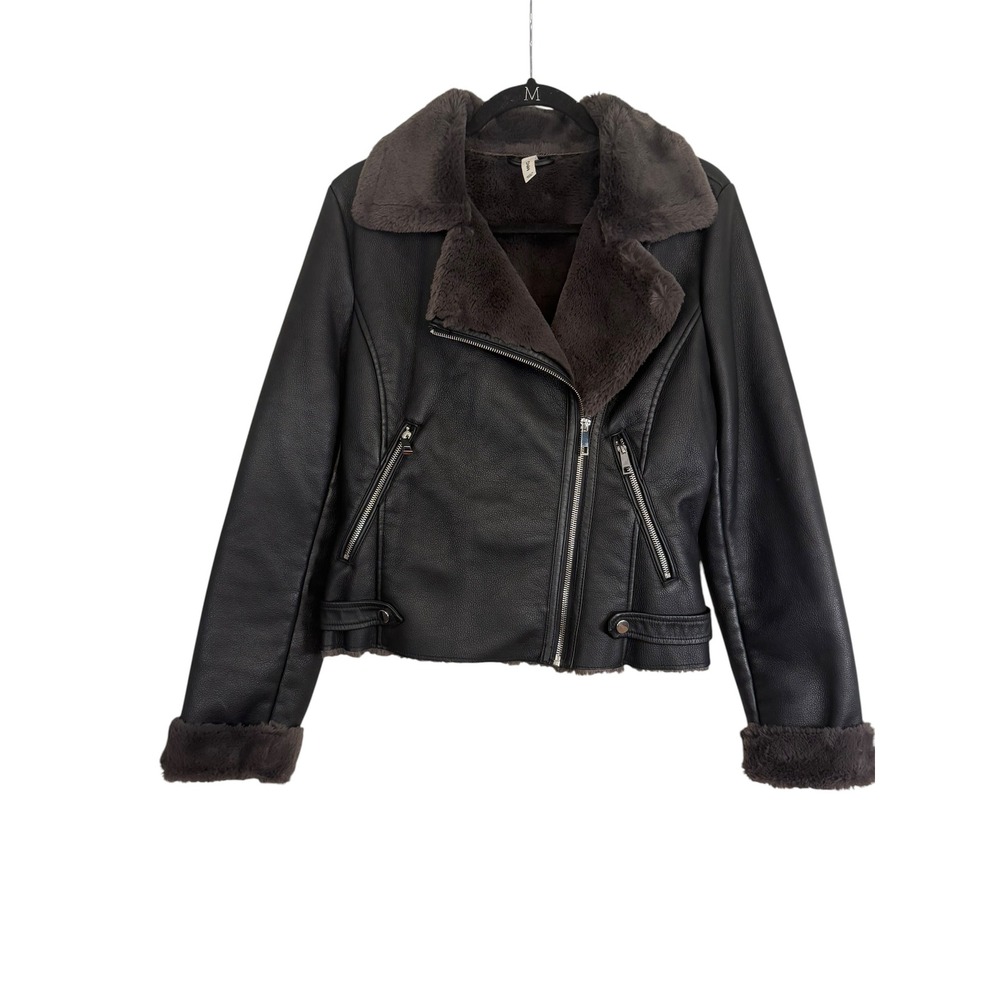 Mango MNG Faux Leather Aviator Jacket Black Faux Fur Lined Moto Biker Coat Small